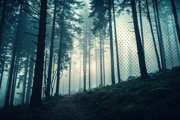 Naklejka premium Dark forest with light gradient halftone dots grunge wide background, abstract, trees, mysterious, landscape