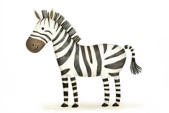 Cute zebra illustration in a playful kids cartoon style, perfect for children's books and educational materials featuring adorable animal characters.
