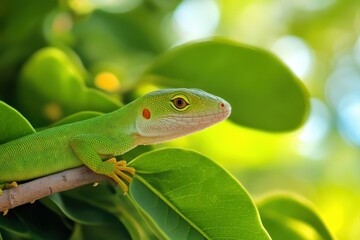 Fototapeta premium Green Anole relaxing on a branch - Shadow Creek Ranch Nature Trail. Beautiful simple AI generated image