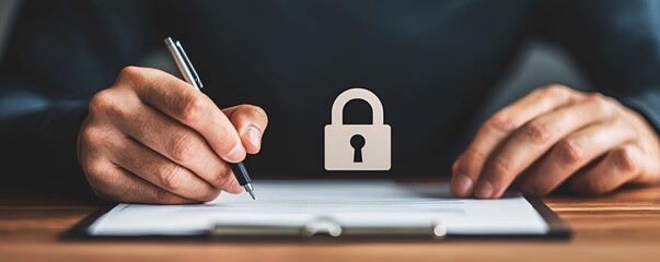 A person is writing on a notepad, accompanied by a graphic of a padlock, symbolizing security and confidentiality in note-taking or information handling.