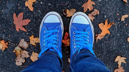 A photograph of blue sneakers, worn by a male with jeans on a black asphalt road