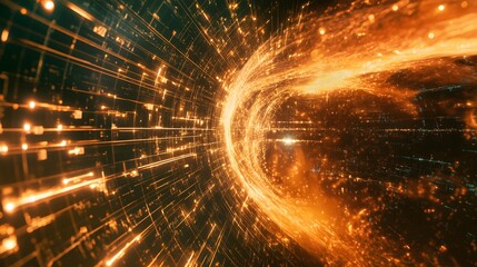 Abstract Digital Tunnel Glowing Orange Light Streaks