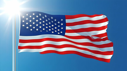 A 3D Rendered American Flag Waving Proudly in the Wind Against a Bright Blue Sky, Sun Rays Shining Through the Fabric