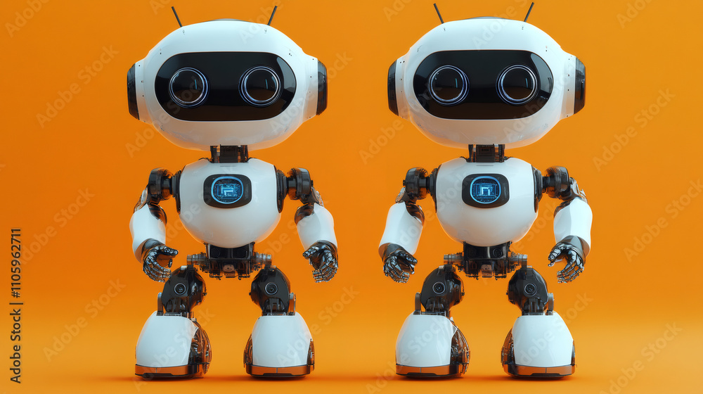 Poster two white robots standing on an orange background, showcasing artificial intelligence and futuristic