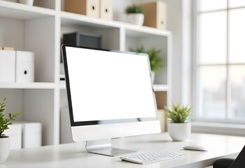 Obraz premium A white desktop computer monitor on a minimalist white desk with office supplies and shelves in the background.