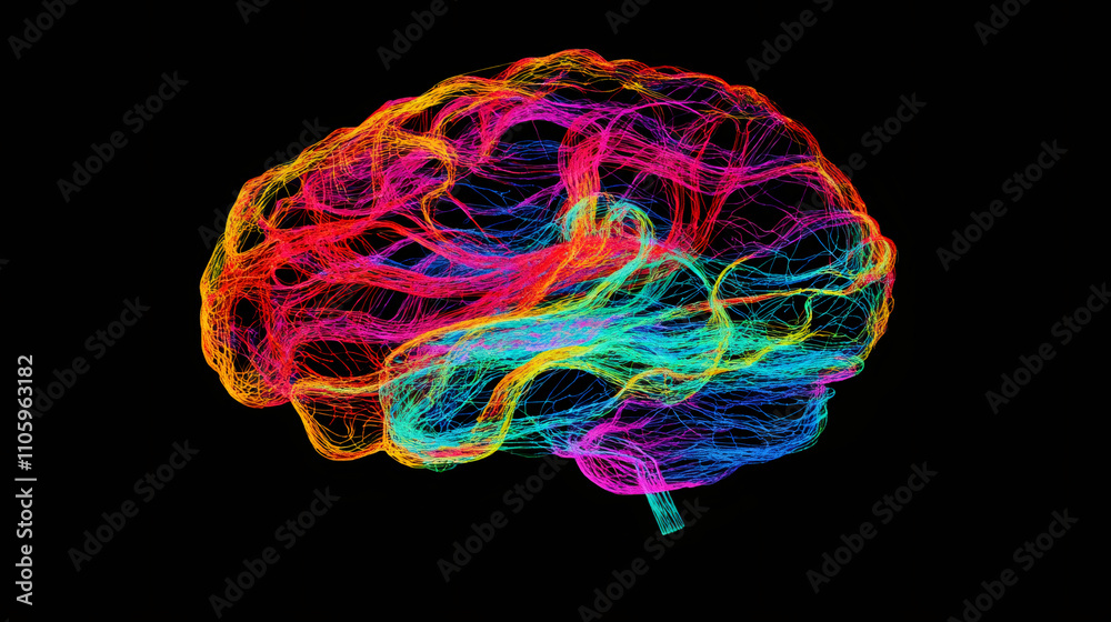 Poster complex web of vibrant lines creating a stylized brain, representing creativity, originality, and co