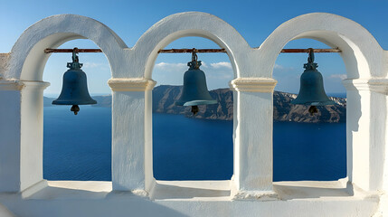 Three Large Bells Hanging in White Arched Windows Overlooking a Blue Sea and a Distant Island Landscape