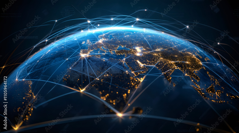 Aufkleber concept of international communication and data exchange in a global network linking cities and coun