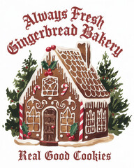 A whimsical gingerbread house adorned with candy, surrounded by evergreen trees, featuring a bakery sign promoting fresh cookies.
