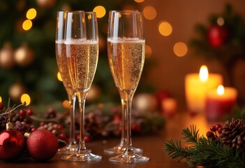 Elegant festive champagne celebration with sparkling glasses and holiday decor