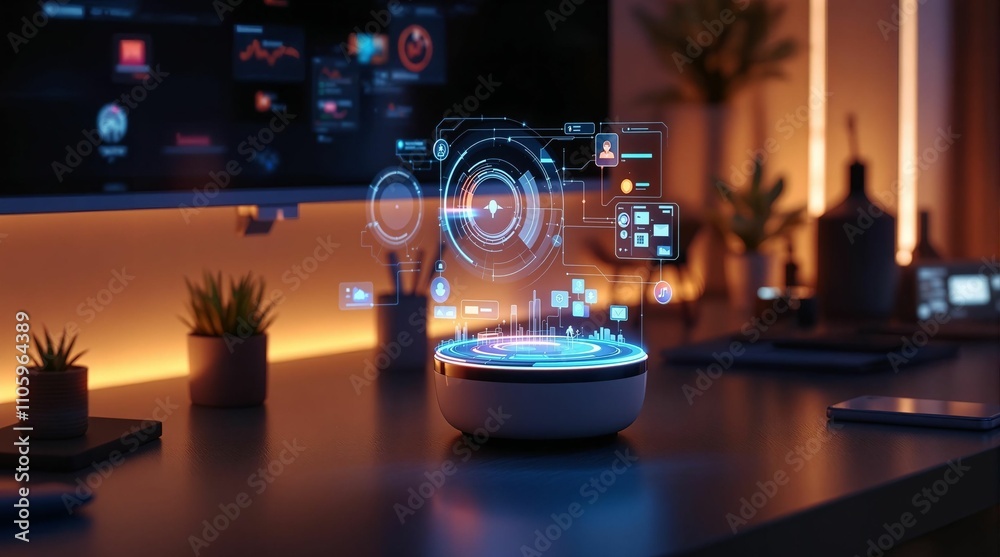 Poster futuristic workspace with holographic 3d projections