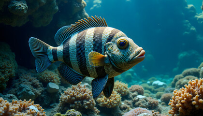 Bold clown triggerfish in tropical waters with realistic patterns and soft lighting