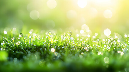 Fototapeta premium Dew Drops Glisten on Green Grass Blades with a Soft Bokeh Background, Representing the Beauty of Nature After a Gentle Rain Shower