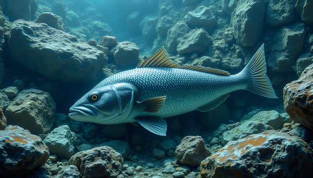 Beautifully patterned rock cod in ocean with realistic patterns and soft lighting