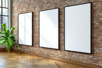 Picture of Poster frame mockup, A modern art gallery featuring three blank framed canvases on a rustic brick wall, complemented by a vibrant green plant, creating a serene atmosphere.