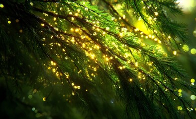 Fototapeta premium A Christmas tree branch decorated with garland set against a green backdrop..A garland-adorned Christmas tree branch framed by a green background..Green background featuring a Christmas tree branch