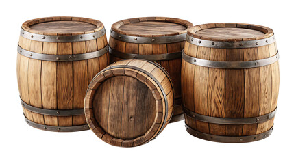 Fototapeta premium Set of wooden oak barrels isolated on white background.AI GENERATED