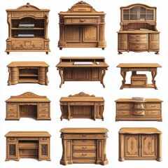 A set of various (Writing Desks) in full detail, isolated on a transparent background. 