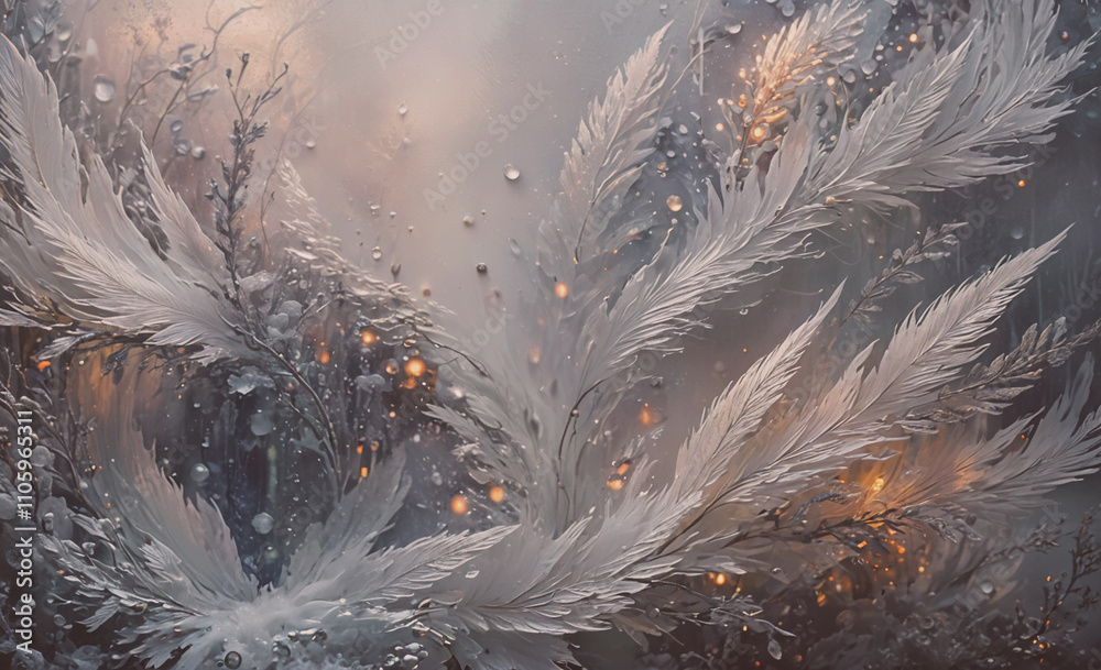 Poster Painting of a snowy forest with a white feathery tree. The tree is covered in snow and has a few leaves