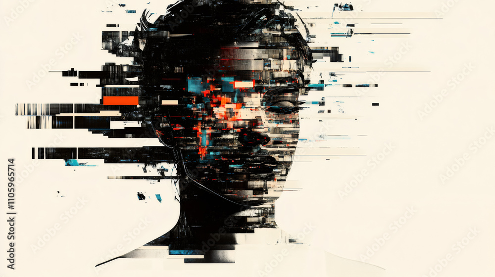 Poster portrait of a woman transforming into pixels, depicting the influence of technology on identity in t