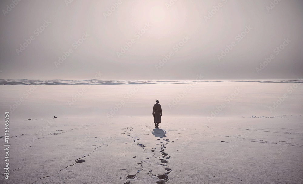 Poster person is standing in the snow on a beach. the sky is cloudy and the sun is setting
