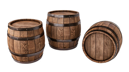 Obraz premium Set of wooden oak barrels isolated on white background.AI GENERATED