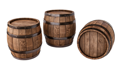 Set of wooden oak barrels isolated on white background.AI GENERATED