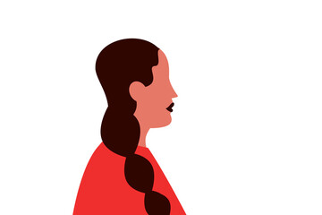 White woman, girl with black hair and braids. Red top, sweatshirt. Colorful, flat vector illustration on transparent background. Character design, horizontal layout