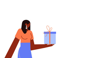 Black, brown stylish woman, girl carrying, holding a present in her left hand. Colorful, flat vector illustration on transparent background. Character design, horizontal layout