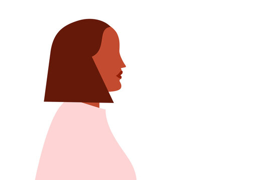 Brown, black woman with bob, short hair. Portrait, profile wearing a pink sweater, sweatshirt. Colorful, flat vector illustration on transparent background. Character design, horizontal layout