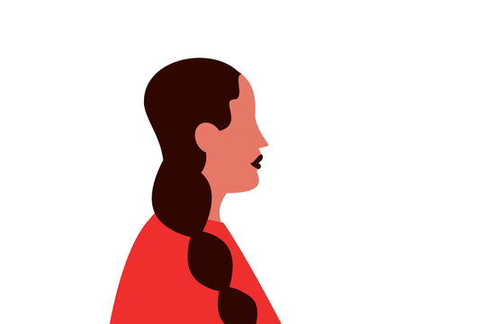 White woman, girl with black hair and braids. Red top, sweatshirt. Colorful, flat vector illustration on transparent background. Character design, horizontal layout