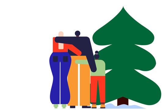 Family of three standing in front of a big Christmas tree, with a star. Colorful, vector illustration on transparent background. Horizontal layout perfect for social media, card, banner or article