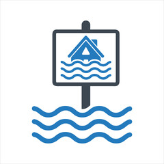 Flood road sign. High flood risk. Flood insurance icon