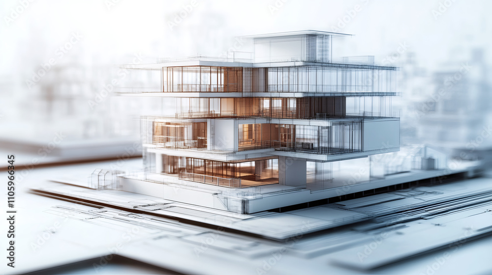Poster architectural project of a modern sustainable building showing a wireframe model laying on blueprint