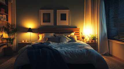 Cozy bedroom at night, dark interior with soft lamp glow, comfortable bed in dim light, peaceful rest sleeping space, modern home decor, relaxing evening ambiance in apartment.