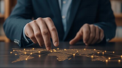 Business professional analyzing glowing charts connected to worldwide insurance networks