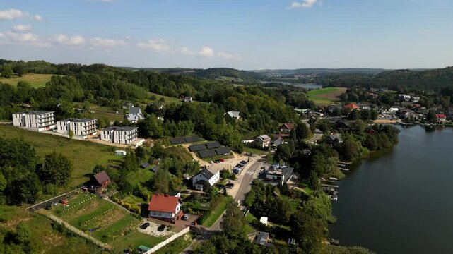 The village of Ostrzyce in Kashubia district in Poland. Aerial view.