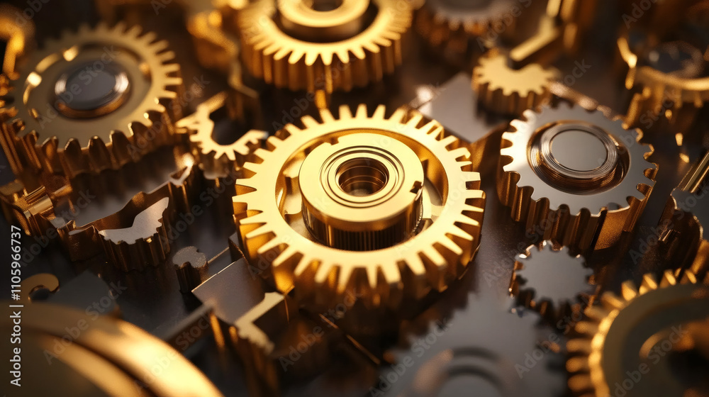 Poster Interlocking golden gears are rotating, symbolizing teamwork, precision, and the complexity of a well-oiled machine