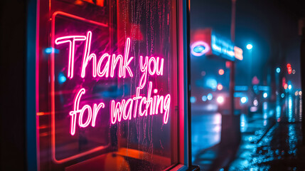 A vibrant neon sign gleams with the message Thank You for Watching, framed by a rainy city night. The colorful lights create a captivating urban atmosphere.