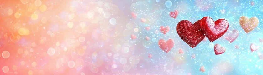 Holographic gradient with floating heart icons and sparkles, sleek and romantic Valentine s mood