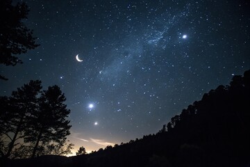 Naklejka premium Dark night sky with numerous stars and a crescent moon shining brightly in the center of the image, galaxies, darkness
