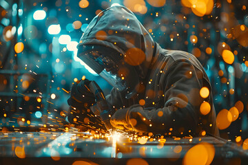 Welder Craftsman Using Welding Torch, Intense Sparks Flying, Industrial Background, Abstract, Artistic Photo