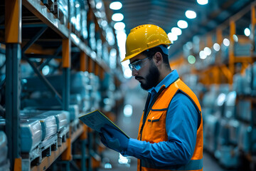 Warehouse Worker Reviews Inventory List in Industrial Setting