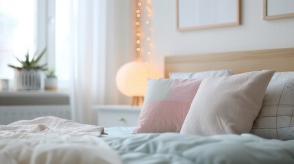 Cozy bedroom with soft pillows and warm lighting.