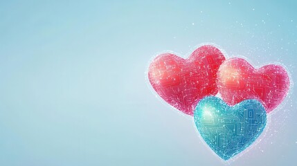 Fototapeta premium Neon holographic hearts intertwined with glowing digital circuitry, tech-inspired Valentine s theme