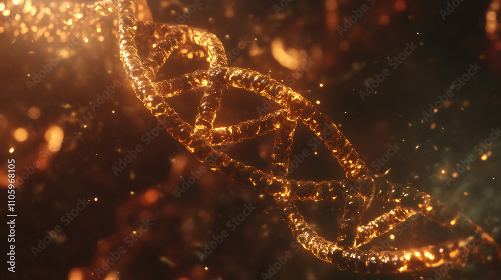 Fototapete golden dna double helix rotating in a dark environment filled with shining particles, creating a fut
