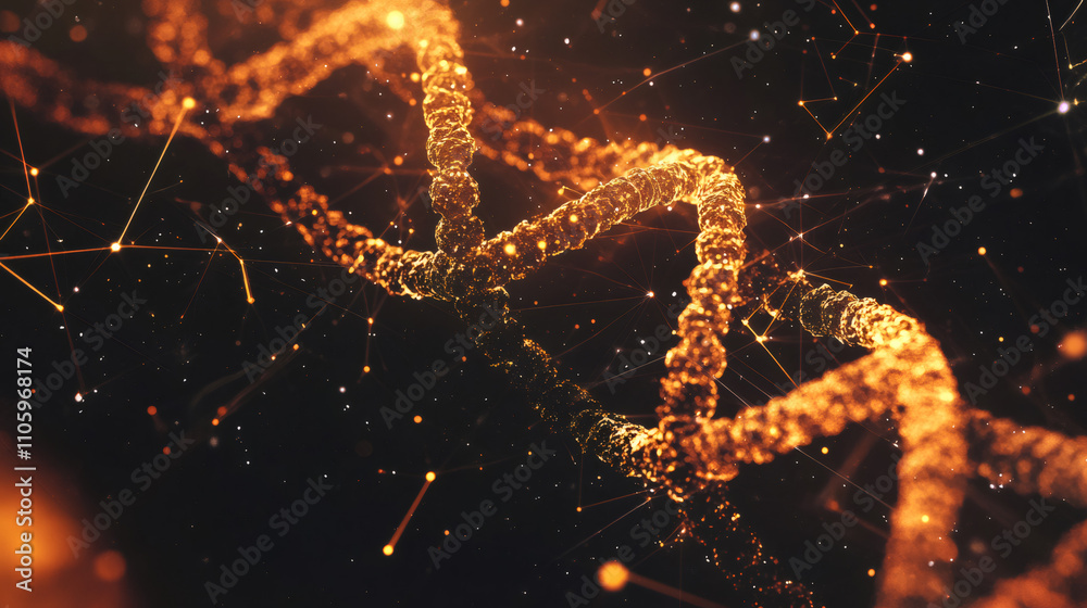 Poster orange particles forming a dna double helix rotating in a digital world with plexus effect