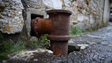 A close-up of a rusty drainpipe in an urban setting, showcasing aging infrastructure