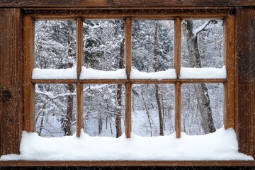 Snow Covered Window Winter Woodscape View