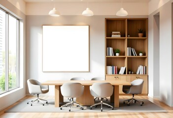A modern office space with a large blank white frame on the wall, wooden bookshelves , and several white office chairs around a wooden table.
